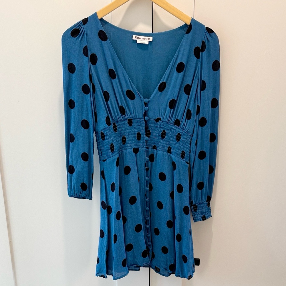 Reformation Blue with Black Polka Dots Dress Size 6